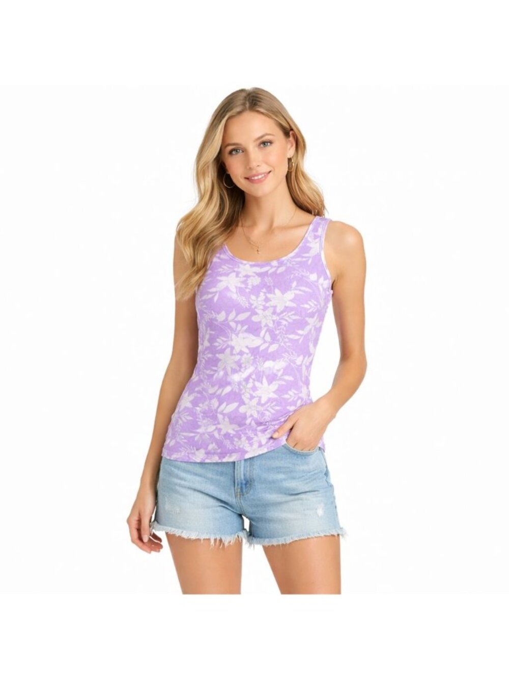Duluth Tank Top Lavendar Womens M Fitted Shirt Stretch Floral Purple White